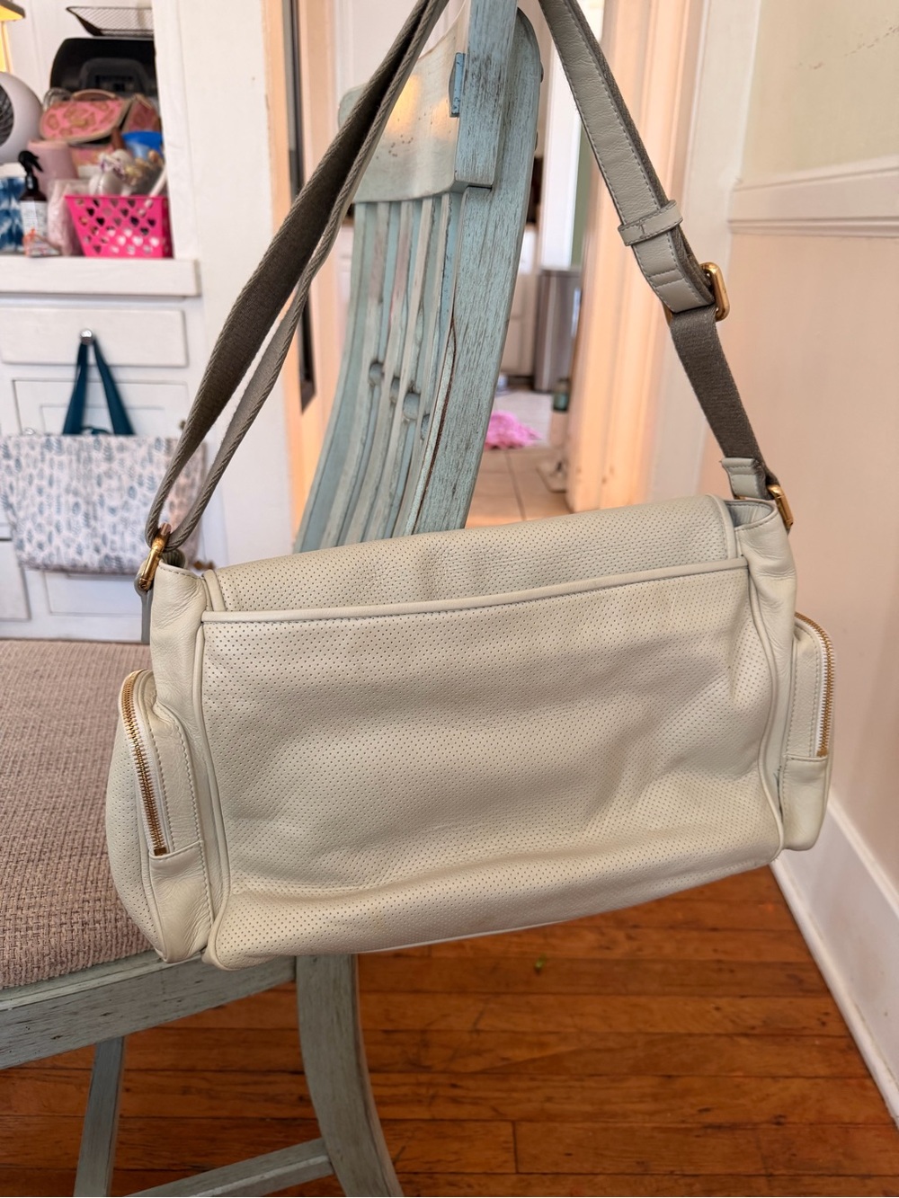 Giorgio Armani Perforated Cream Leather Shoulder Bag with Gold Hardware